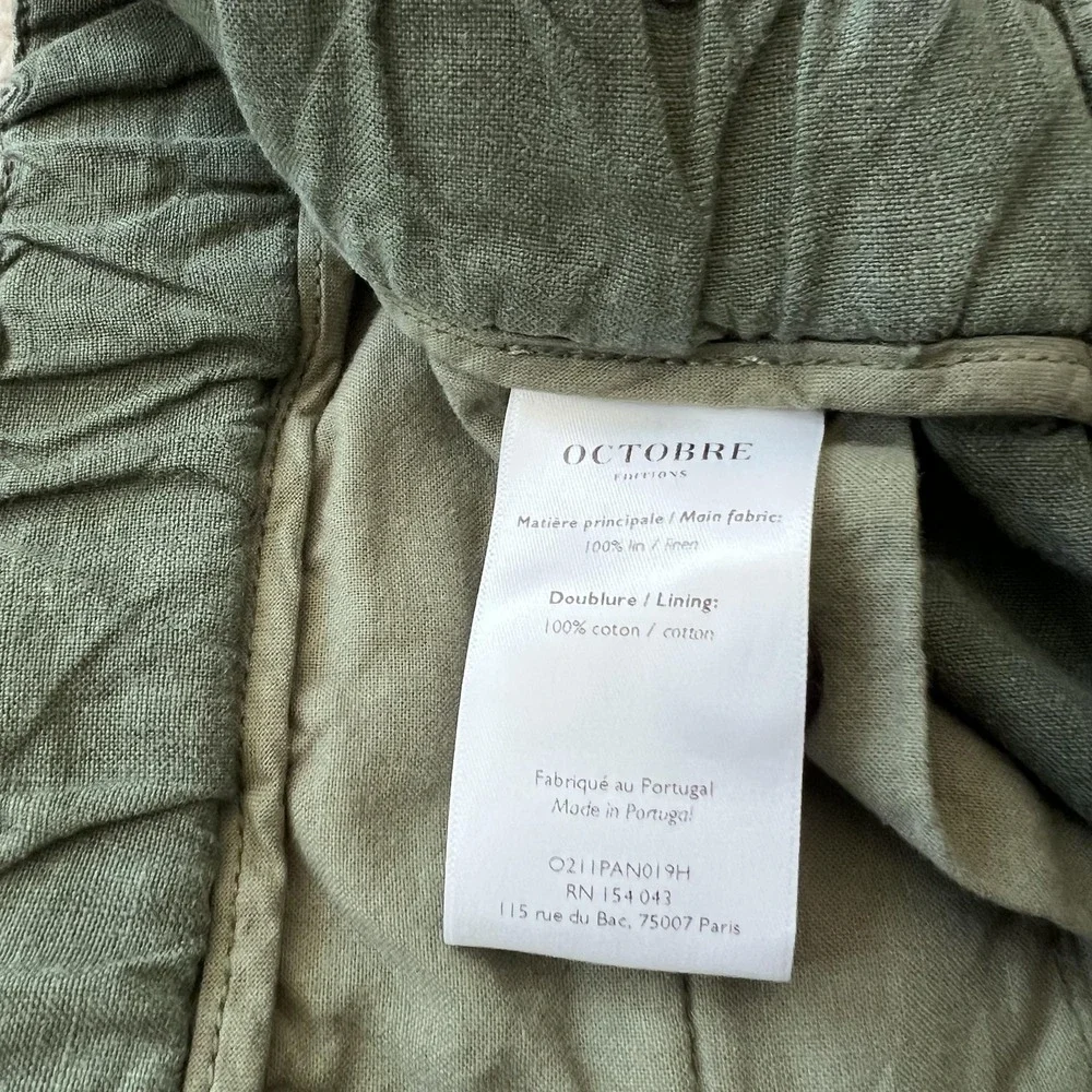 Octobre Editions Pants Mens M Green Linen Chino Elastic Waist Casual Tapered